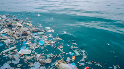 Fototapeta na wymiar Plastic pollution in ocean. Problem plastic bottles and microplastics floating in the open ocean. Marine plastic pollution concept. Generative AI