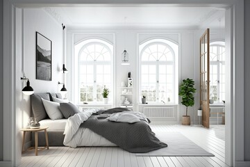 Clean White bedroom with natural light comfortable for sleep. Generative AI
