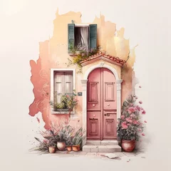 Fotobehang Watercolor house. Pink door and old building wall. Vintage home and blossom flowers, Provence, France or Tuscany, Italy. Generative ai illustration in watercolor style. Cute summer house © maxa0109