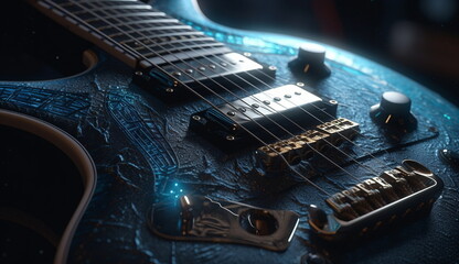 Fototapeta na wymiar close up view of electric guitar with good detail and added with sparkling light. Based on Generative Ai