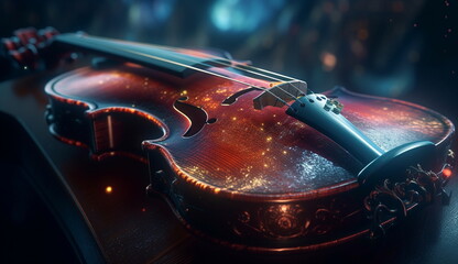 close up view of violin with good detail and added with sparkling light. Based on Generative Ai.