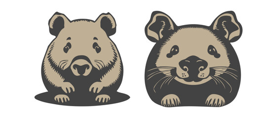 Vector set of funny cute wombat animals. Isolated white background. Icons, stickers or badges.
