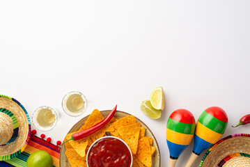 Celebrate Cinco de Mayo in style with this colorful arrangement of a Mexican hat, poncho, and maracas, accompanied by tequila shots, lime wedges, chili peppers, nacho chips, salsa on white background - obrazy, fototapety, plakaty
