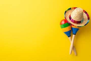 Top view photo of two colorful striped maracas with mexican hat isolated vibrant yellow backdrop with space for text