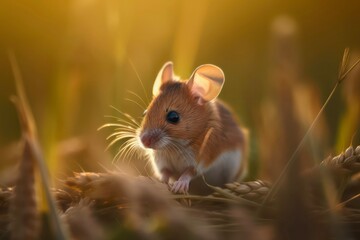 Small brown mouse in the grass in the light of the sun. Generative AI.