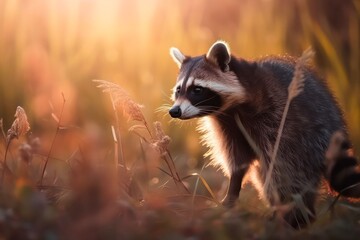 Obraz premium Cute little raccoon outdoors. Generative AI