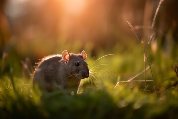 Gray rat in the grass in the light of the sun. Generative AI.