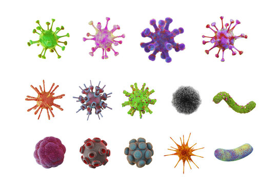 Virus 3d model set. Covid-19 germs, fungi, bacteria objects. Graphic from microscopic zoom in lab for learning science medical, biology, virology. PNG file type. 3D Illustration.