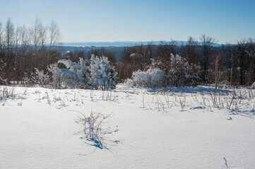 clearing in the winter mountains on a sunny day for outdoor activities and walks
