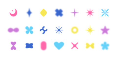 Gradient abstract blur shapes, blurry heart and floral aesthetic elements. Colorful soft gradients. Blur stars, moons. Various geometric shapes with blur effect vector set.