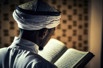 Muslim elder sitting in masjid reading quran before prayer time at subdued dark light AI generated