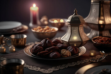 Close up variety of table with arabic food during iftar meal on ramadan AI generated