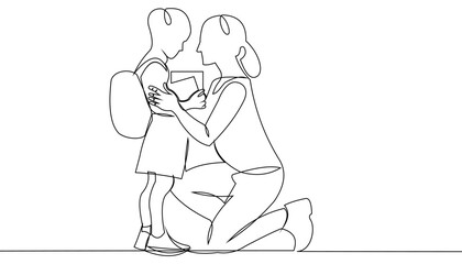 Drawing of mother and kids holding hands going to school with schoolbag. Single continuous line art style