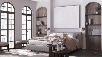 Bedroom in boho style with arched windows and parquet. Master bed with duvet, carpet and side tables in white and dark tones. Farmhouse wooden interior design