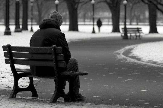 a lonely man sitting on a bench, sad feeling, black and white