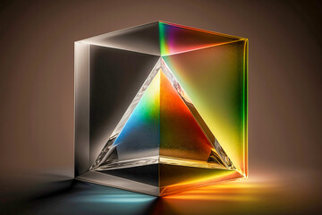 Hexagon prism figure with a triangle inside. Colorful sunlight reflection on the gradient background, podium for demonstrating commercials. Generative AI
