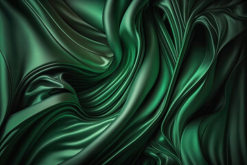 AI generated beautiful emerald green soft silk satin fabric background with waves and folds