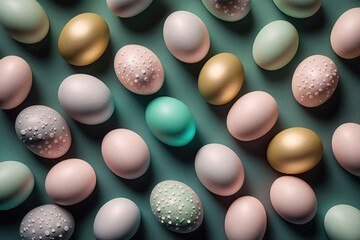 Flat lay of colorful chicken eggs texture background easter concept. Neural network AI generated art