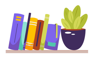Bookshelf with books and indoor flower. Color flat vector illustration isolated on a white background