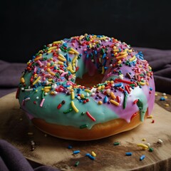 An Extraordinary Rainbow Donut with Sweet Sprinkles on Top - A Deliciously Baked Unicorn-Inspired Pastry Perfect for Breakfast or Dessert: Generative AI
