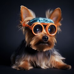 Adorable Yorkshire Terrier with Ponytail and Goggles Makes For A Funny Pet. Generative AI