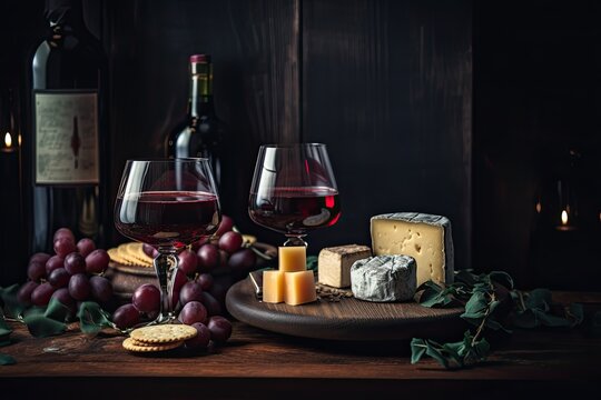 A Delicious Epicure's Christmas Dinner: Wine and Cheese on a Table: Generative AI