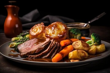 Classic Sunday Roast with Succulent Beef and Golden Potatoes. - obrazy, fototapety, plakaty