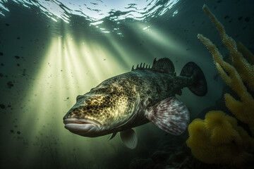 Large ling cod fish swimming underwater. generative AI