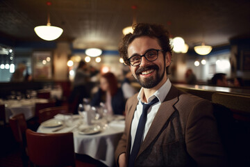 Obraz premium Friendly restaurant manager wearing a jacket and tie with a smile on his face. generative AI
