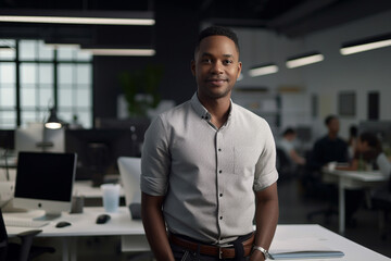 African American man with black hair in a tech office. Male worker in modern work space. generative AI