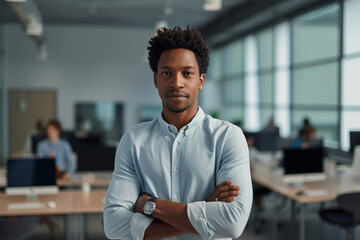 African American man with black hair in a tech office. Male worker in modern work space. generative AI - obrazy, fototapety, plakaty