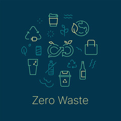 Zero waste concept vector illustration. Line art style dark background design for Article, Web page, Banner, Poster, Print ad, etc.