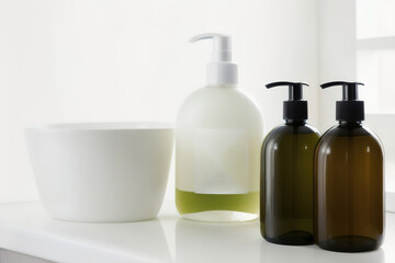 Liquid soap and shampoo in the bathroom, personal care and health products, Generative AI.