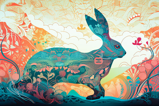 Bunny with Modern style drawing in blue and yellow © WettE