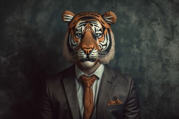Tiger dressed up. A man with a tiger's head. Conceptual image in soft oil painting style and a retro aesthetic. Generative AI