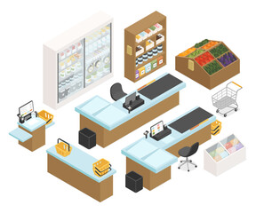 Grocery shop - modern colorful vector isometric object set