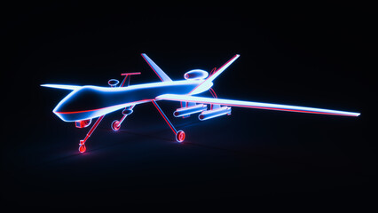 Fototapeta na wymiar a military drone in neon red blue. 3d rendering