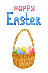 Watercolor wicker basket with colored eggs. High quality hand drawn Easter basket with eggs greeting card