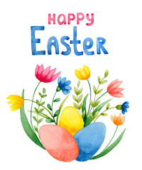 Watercolor Easter eggs and flowers illustration. Hand drawn watercolor Easter greeting card