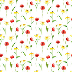 Red poppy and yellow aster seamless pattern. Watercolor wild flowers pattern on white background