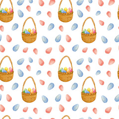 Easter basket with eggs watercolor seamless pattern. Hand drawn watercolor Easter pattern on white background.