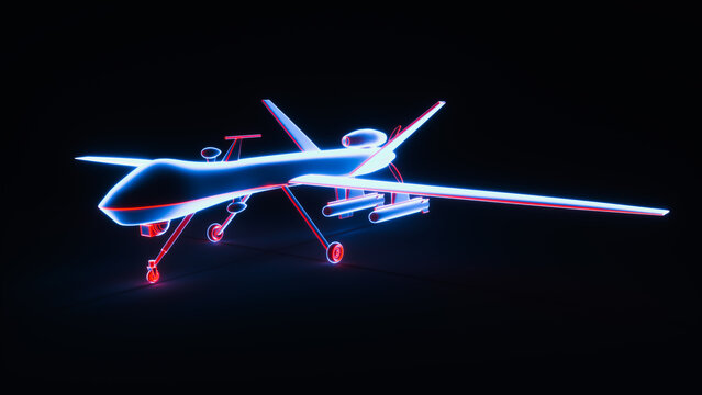 a military drone in neon red blue. 3d rendering