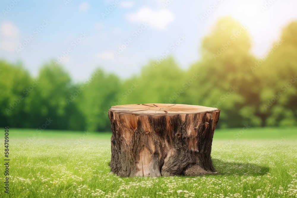 Poster using the tree trunk top as ornament and in a springtime landscape. generative ai