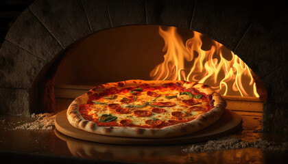 AI generated of italian traditional pizza cooked in old fashioned wood fired oven