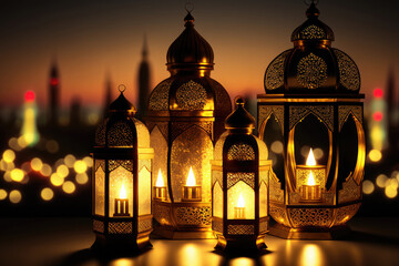 Old tradition designs of lanterns for lighting holy month of prayer in ramadan AI generated