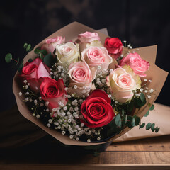 Verschieden farbige Rosen zu einem Strau&szlig; gebunden und mit Blumeneinschlagpapier umwickelt (Generative AI)
