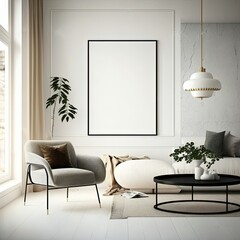 mock up poster frame in modern interior background, living room, Scandinavian style, 3D render, 3D illustration