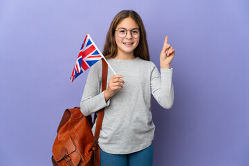 Child holding an United Kingdom flag over isolated background pointing up a great idea