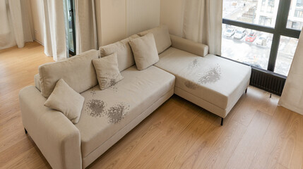 Dirty, stain, blot , spot and fleck of water on the fabric white textile sofa.