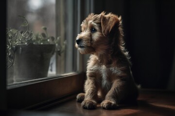 sad adorable puppy looking at the window